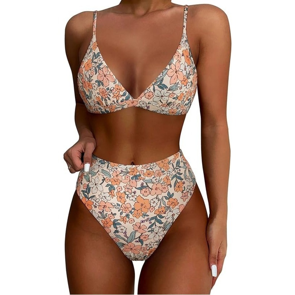 MSRP $40 SUUKSESS Women's L Yellow Floral Two Piece Swimsuits High Waisted Hig‎